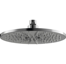 Pomme de douche ronde en métal chromé avec buses en silicone pour un jet de pluie régulier.