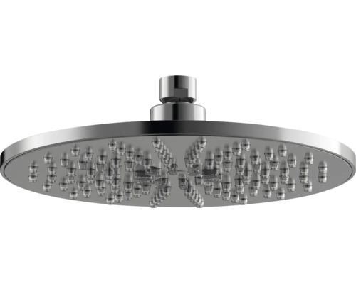 Pomme de douche ronde en métal chromé avec buses en silicone pour un jet de pluie régulier.