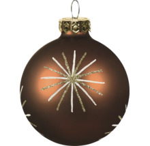 Braune Christbaumkugel aus Glas mit sternförmigem Glitzermotiv in Weiss und Gold.