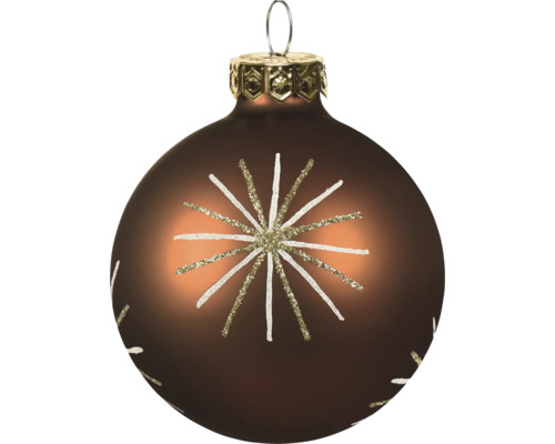 Braune Christbaumkugel aus Glas mit sternförmigem Glitzermotiv in Weiss und Gold.