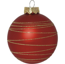 Weihnachtskugel aus Glas in Rot mit goldenen Glitzerstreifen und Aufhängung.