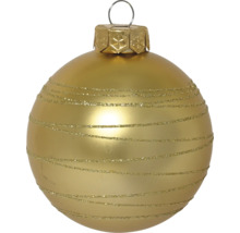 Goldfarbene Weihnachtskugel aus Glas mit horizontalen Glitzerstreifen und Aufhängeöse.