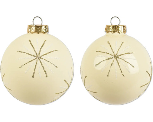 Zwei cremefarbene Christbaumkugeln mit glitzerndem Sternenmuster und goldfarbenem Aufhänger.