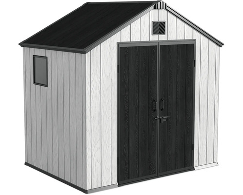 Abri de jardin en plastique avec toit à deux pans, double porte et fenêtre, abri de rangement résistant aux intempéries.