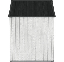 Abri de jardin en plastique avec aspect bois et toit en appentis pour le rangement au jardin.