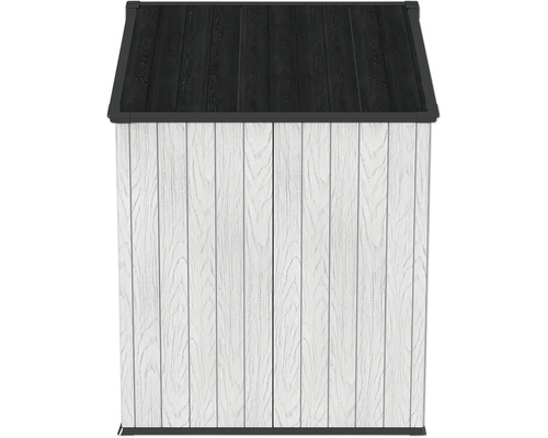 Abri de jardin en plastique avec aspect bois et toit en appentis pour le rangement au jardin.