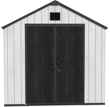 Abri de jardin avec toit à deux pans et double porte aspect bois avec grille d'aération