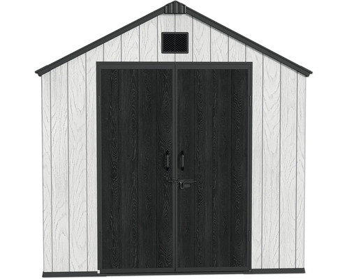 Abri de jardin avec toit à deux pans et double porte aspect bois avec grille d'aération