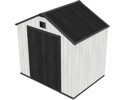 Abri de jardin avec toit à deux pans et double porte aspect bois