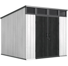 Abri de jardin moderne avec toit en pente, double porte et fenêtres supérieures intégrées, aspect bois.