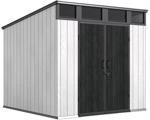 Abri de jardin moderne avec toit en pente, double porte et fenêtres supérieures intégrées, aspect bois.
