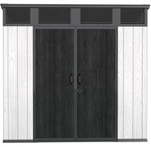 Abri de jardin moderne avec double porte et impostes, panneaux effet bois, matériau résistant aux intempéries pour extérieur.