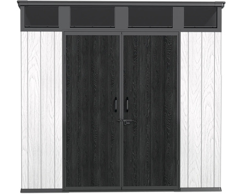 Abri de jardin moderne avec double porte et impostes, panneaux effet bois, matériau résistant aux intempéries pour extérieur.