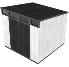 Abri de jardin moderne en bois avec toit en appentis, double porte et lucarnes, bardage vertical