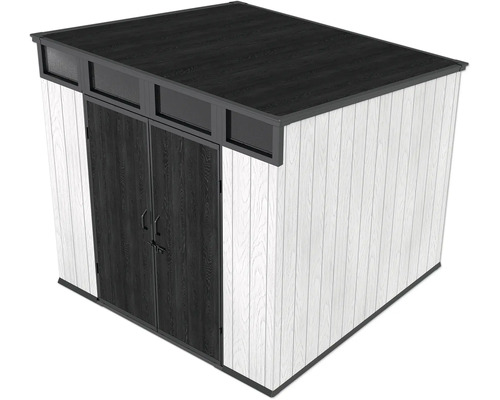 Abri de jardin moderne en bois avec toit en appentis, double porte et lucarnes, bardage vertical