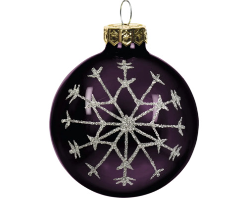 Dunkelviolette Weihnachtskugel aus Glas mit einer grossen silbernen Glitzer-Schneeflocke und goldfarbenem Aufhänger.