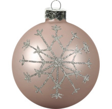 Roséfarbene Christbaumkugel aus Glas mit silbernem Glitzer-Schneeflockenmotiv und Aufhängeöse.