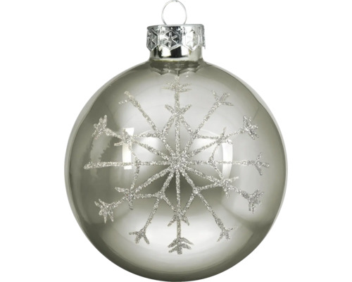 Silberne Weihnachtskugel mit Schneeflocken-Motiv aus Glitzer.