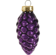 Lila Christbaumschmuck aus Glas in Zapfenform mit goldener Kappe und Aufhänger.