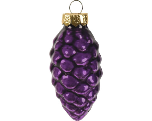 Lila Christbaumschmuck aus Glas in Zapfenform mit goldener Kappe und Aufhänger.