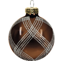 Braune Christbaumkugel aus Glas mit glitzerndem Gittermuster und goldfarbenem Aufhänger.