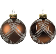 Zwei braune Weihnachtskugeln mit silbernem Glitzermuster, eine matt und eine glänzend