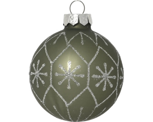Grüne Weihnachtskugel aus Glas mit silbernem Glitzermuster aus Schneeflocken und Rauten.