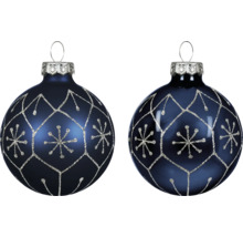 Zwei dunkelblaue Weihnachtskugeln aus Glas mit silbernem Glitzermuster und Schneeflockenmotiven, eine matt und eine glänzend.