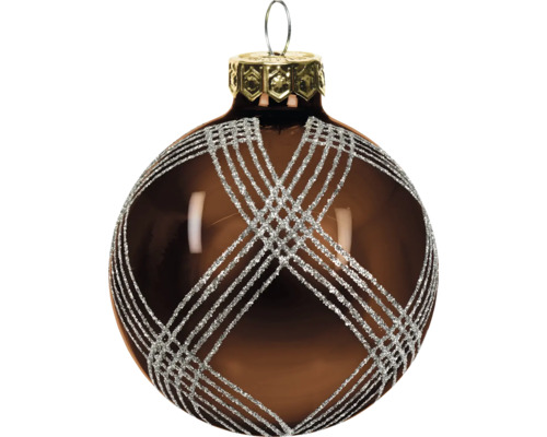 Braune Christbaumkugel aus Glas mit silbernem Glitzer-Gittermuster und goldener Aufhängung.