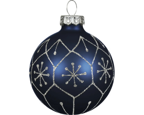 Blaue Weihnachtskugel mit silbernem Glitzermuster und Schneeflocken.