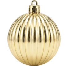 Goldfarbene Weihnachtskugel mit vertikaler Riffelung und glänzender Oberfläche.