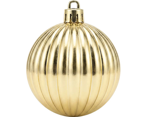 Goldfarbene Weihnachtskugel mit vertikaler Riffelung und glänzender Oberfläche.