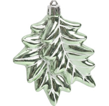 Grüner Weihnachtsbaumanhänger aus Glas in Blattform mit weissen Blattadern und Metallaufhängung.