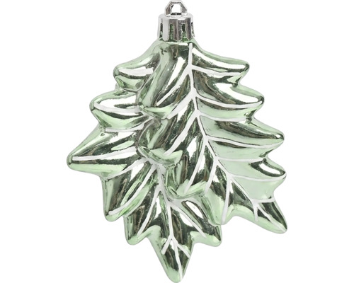 Grüner Weihnachtsbaumanhänger aus Glas in Blattform mit weissen Blattadern und Metallaufhängung.