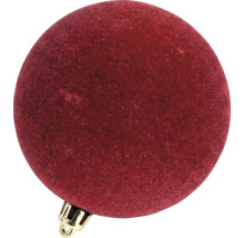 Rote Weihnachtskugel mit Samtoberfläche und goldener Aufhängung.