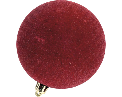 Rote Weihnachtskugel mit Samtoberfläche und goldener Aufhängung.