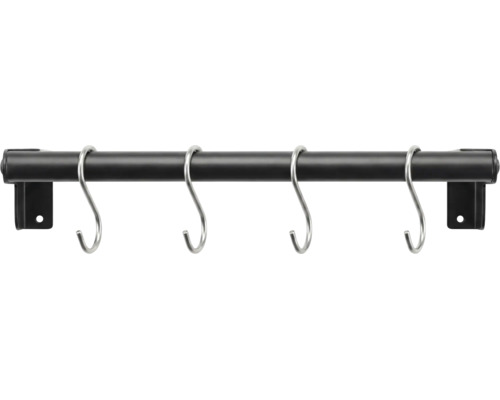 Barre de cuisine noire avec quatre crochets en S argentés et supports muraux en métal.