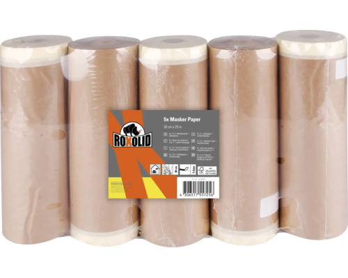 Roxolid Masker-Papier im 5er-Pack, Abdeckpapier mit integriertem Klebeband, 30 Zentimeter mal 25 Meter pro Rolle.