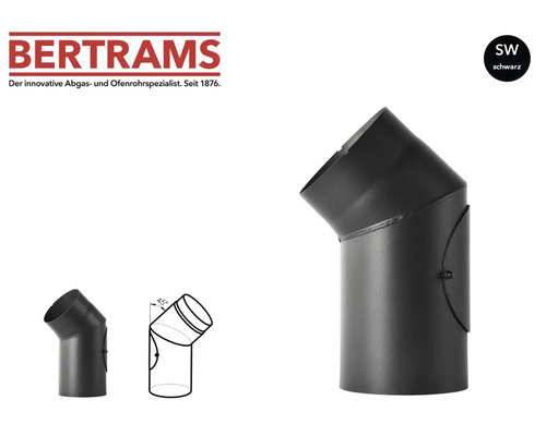 Logo Bertrams. Coude de tuyau de poêle noir avec un angle de 45 degrés et une trappe de nettoyage en acier.