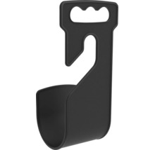 Support noir en plastique pour tuyau avec poignée de transport intégrée.