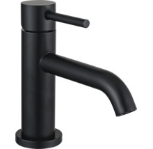 Mitigeur de lavabo moderne, noir mat, avec levier unique et bec courbé.