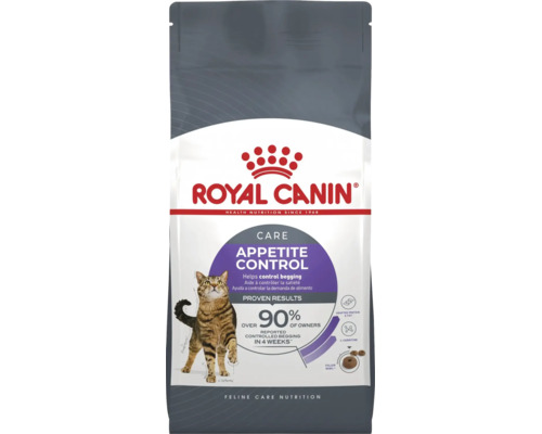 Emballage de nourriture pour chats Royal Canin Appetite Control avec un chat tigré sur le devant.