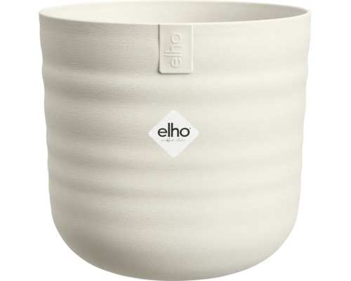 Runder Pflanztopf von Elho mit horizontal geriffelter Oberflächenstruktur und Elho Logo.