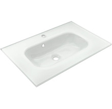 Vasque pour meuble rectangulaire en céramique avec trou de robinetterie et trop-plein.
