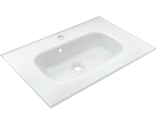 Vasque pour meuble rectangulaire en céramique avec trou de robinetterie et trop-plein.