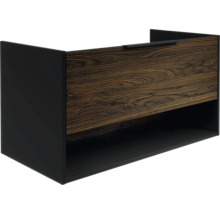Meuble sous-vasque noir avec un tiroir en aspect bois rainuré et un compartiment ouvert.