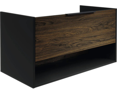 Meuble sous-vasque noir avec un tiroir en aspect bois rainuré et un compartiment ouvert.