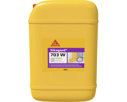 Sika Logo auf einem 20 Liter Kanister Sikagard 703 W, farblose Imprägnierung für Fassaden und Außenwände.