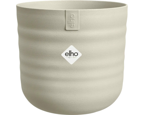 Elho Blumentopf, beige, rund, mit geriffelter Textur, aus Kunststoff, Elho Logo.