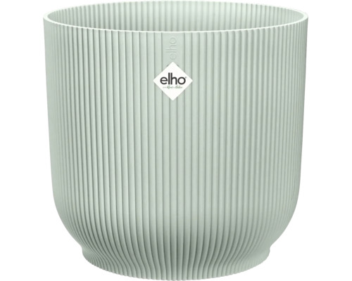 Cache-pot elho vert clair en plastique avec rainures verticales et elho Logo.